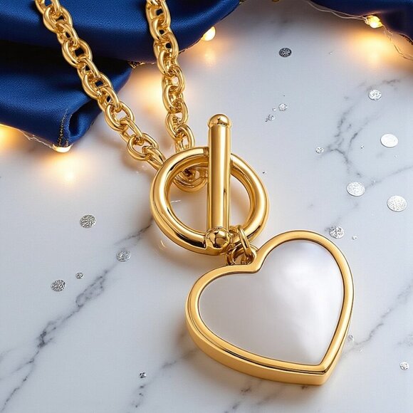 🆕️18K Gold Plated Heart Jewelry Set 💖Dainty Earrings & Necklace w/ Shell Inlay - Picture 6 of 9
